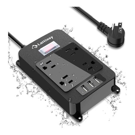  The Loitinsy Outdoor Power Strip Surge Protector with water splashing around it on a white background.