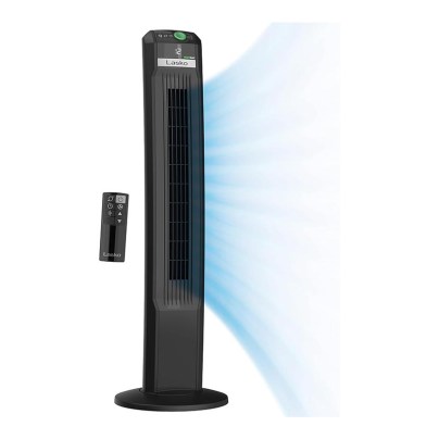 The Lasko 42-Inch 12-Speed EcoQuiet DC Motor Tower Fan and its remote on a white background.