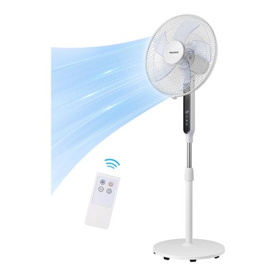 The Pelonis 16-Inch Pedestal Fan With DC Motor and its remote on a white background.