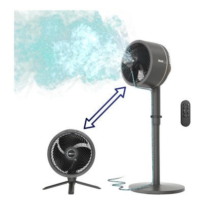 The Shark FlexBreeze Fan With InstaCool Mist in both table-top and pedestal mode with an illustration of blue mist.