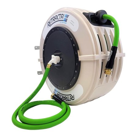  The Macnaught 60-Foot Retractable Garden Hose Reel on a white background.