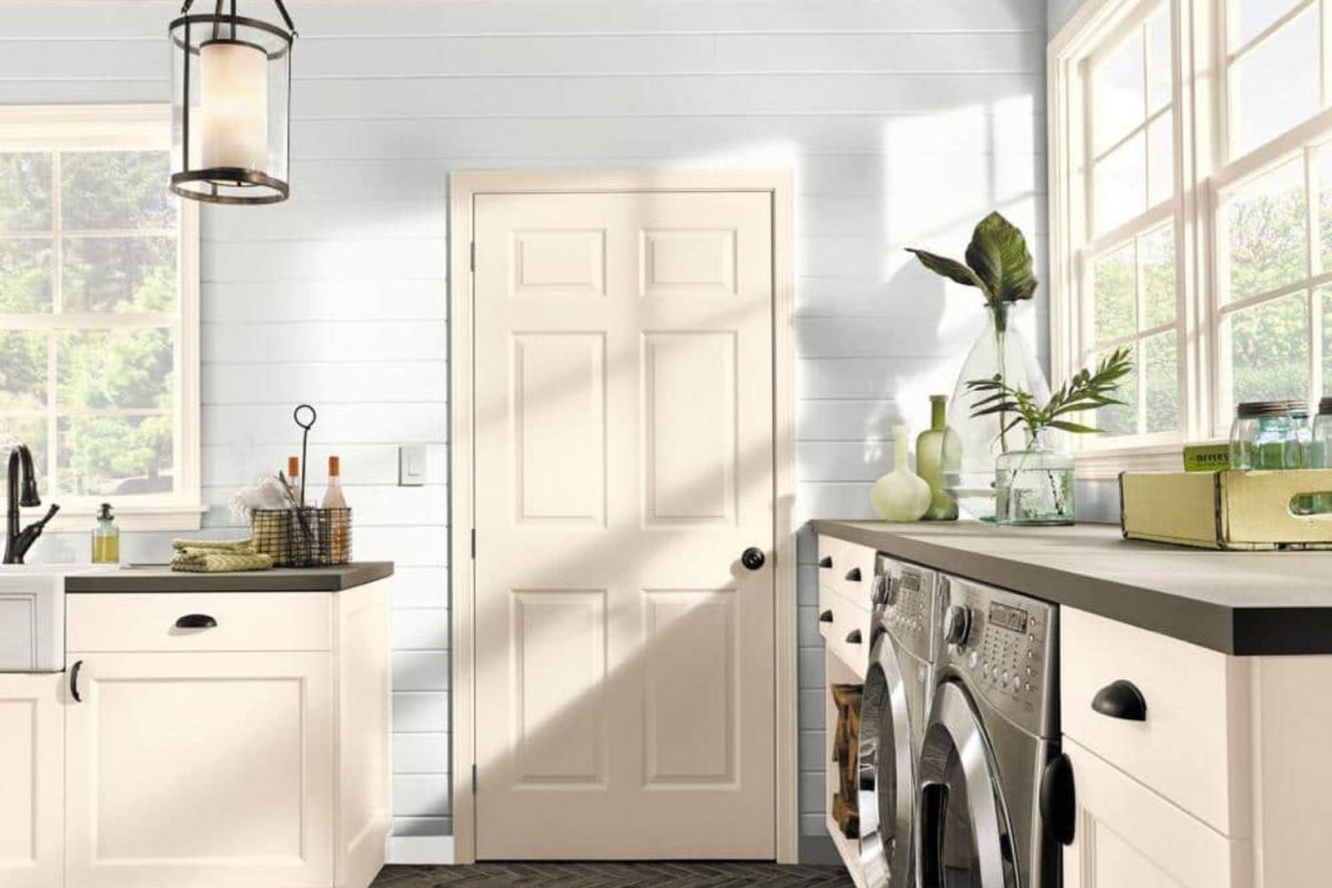 A bright and clean laundry room painted with the best zero-VOC paint.