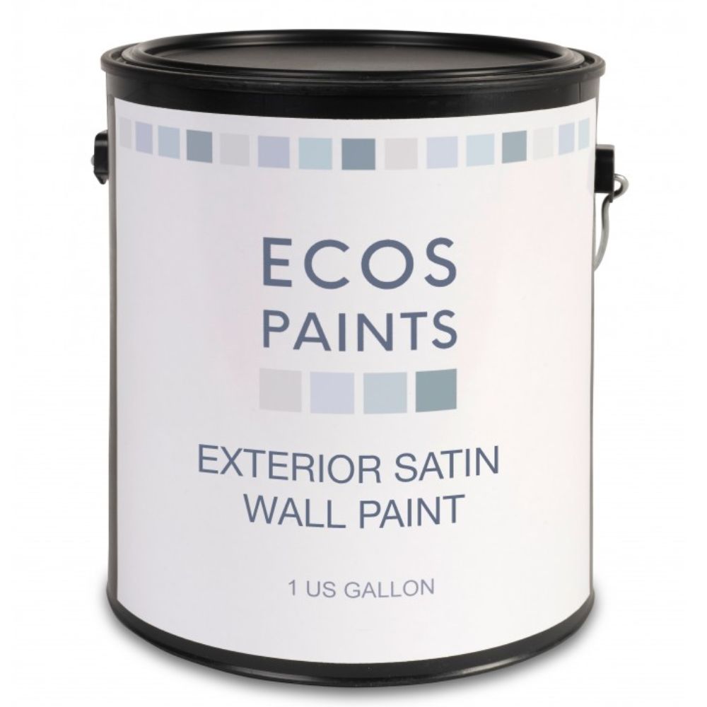 A gallon can of Ecos Exterior Satin Wall Paint on a white background.