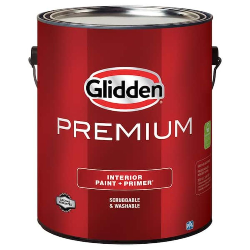 A red gallon can of Glidden Premium Interior Paint + Primer on a white background.