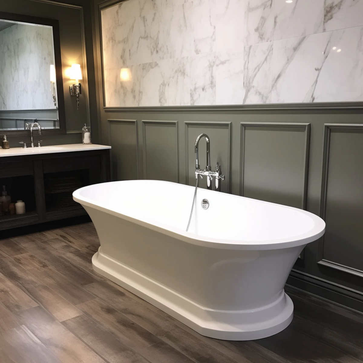 A white bathtub sits next to a wall with marble top and wainscoting half wall.