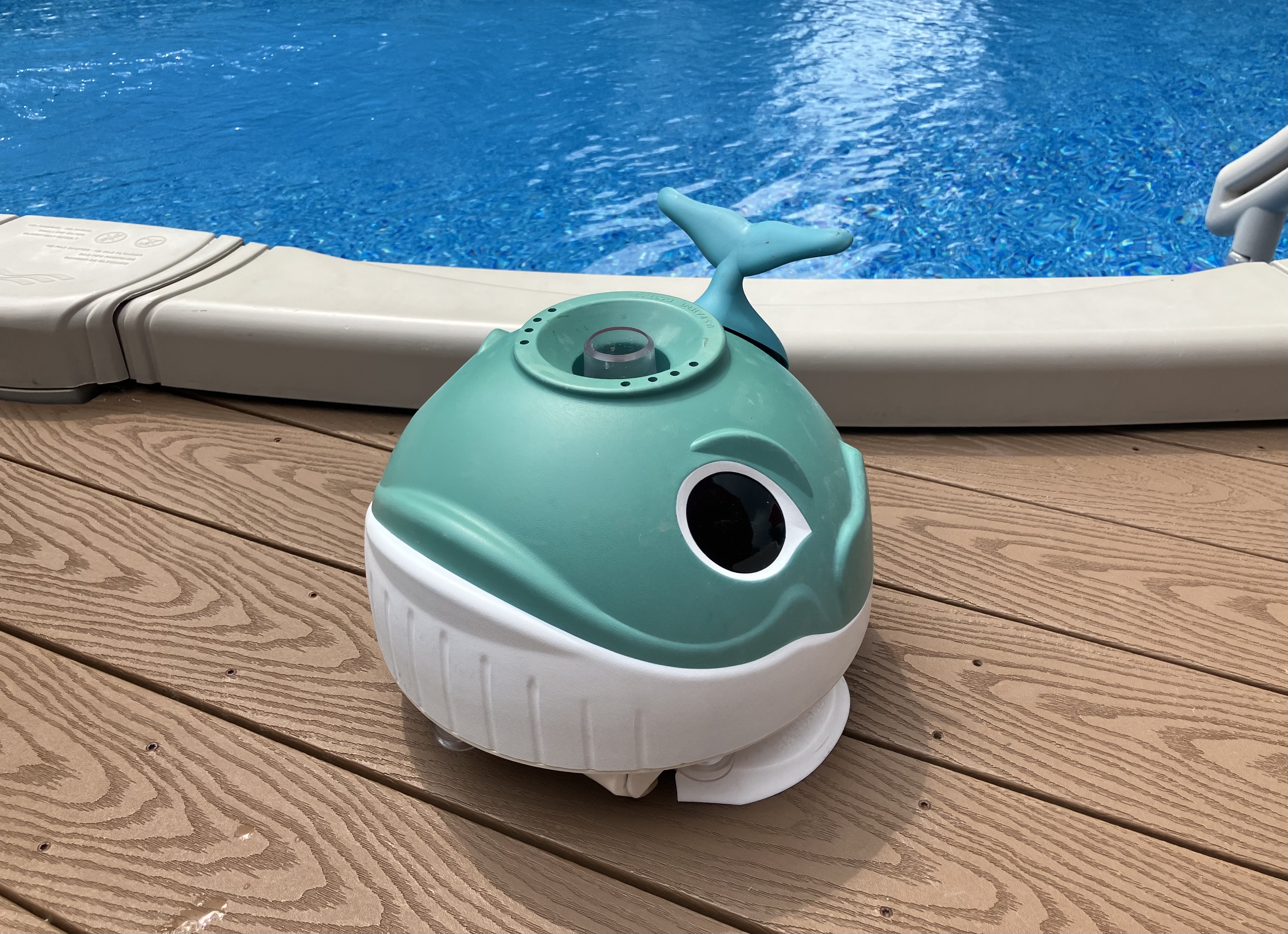 Wanda the Whale above-ground pool cleaner positioned on the deck outside a pool