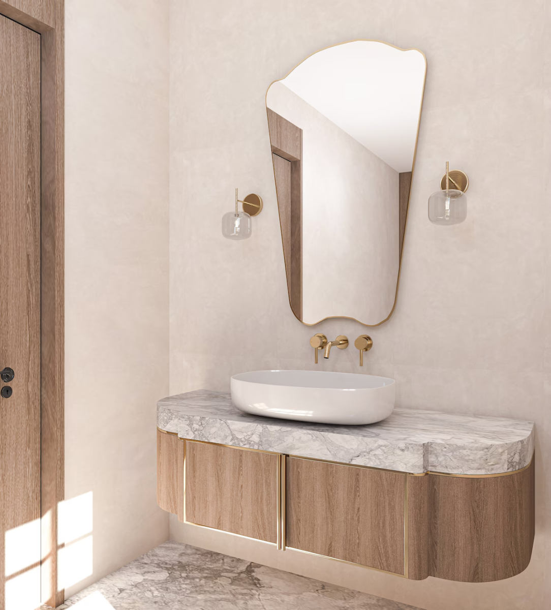 An asymmetrical mirror hangs over a modern floating vanity in a neutral bathroom.