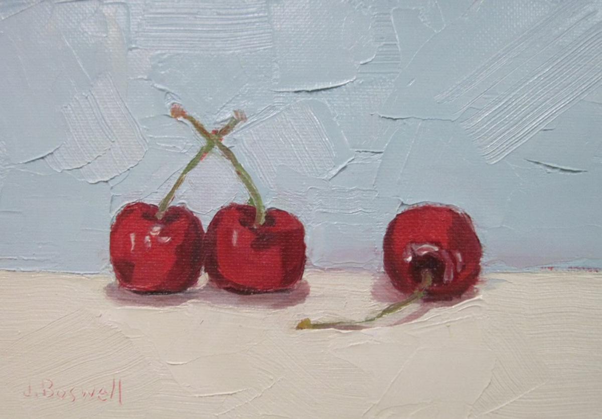A painting by Jennifer Boswell of three cherries shows brush strokes.