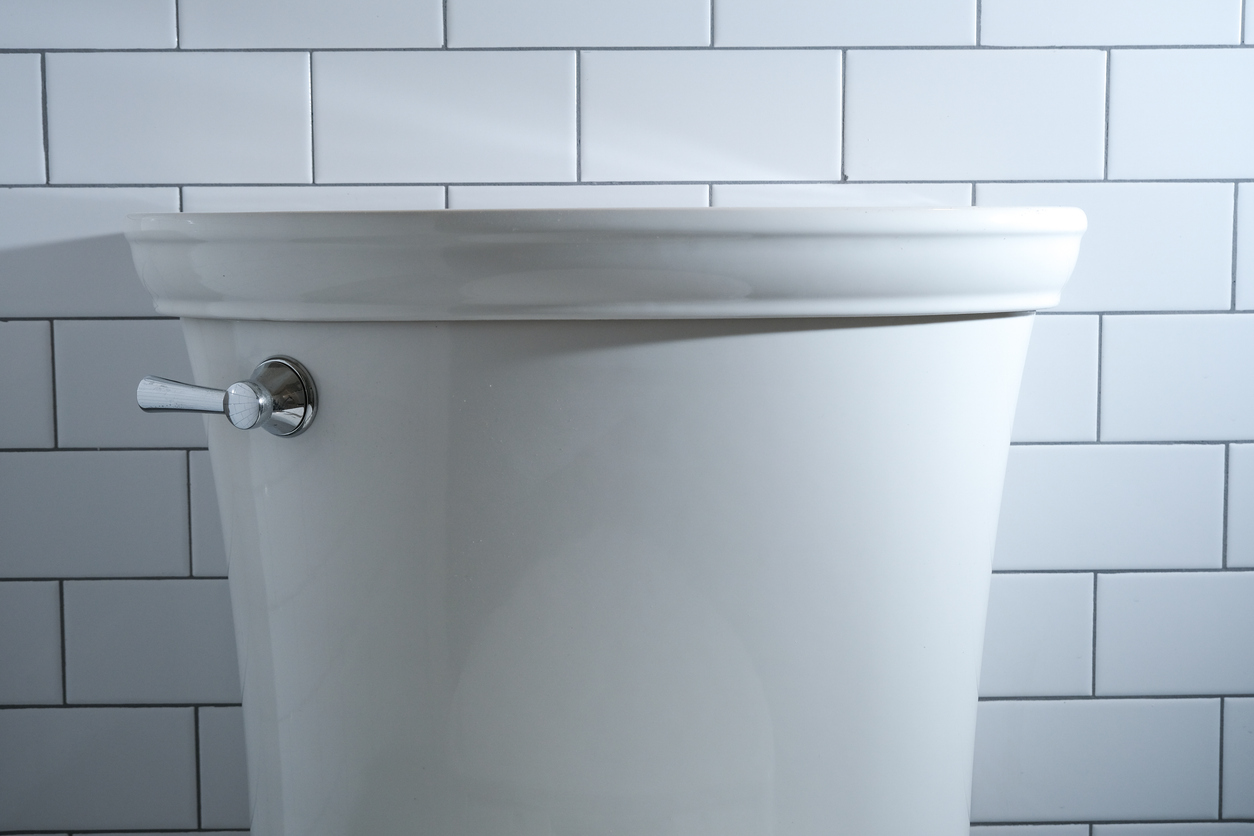 An expensive-looking white toilet tank with a decorative lid and brushed nickel flapper.