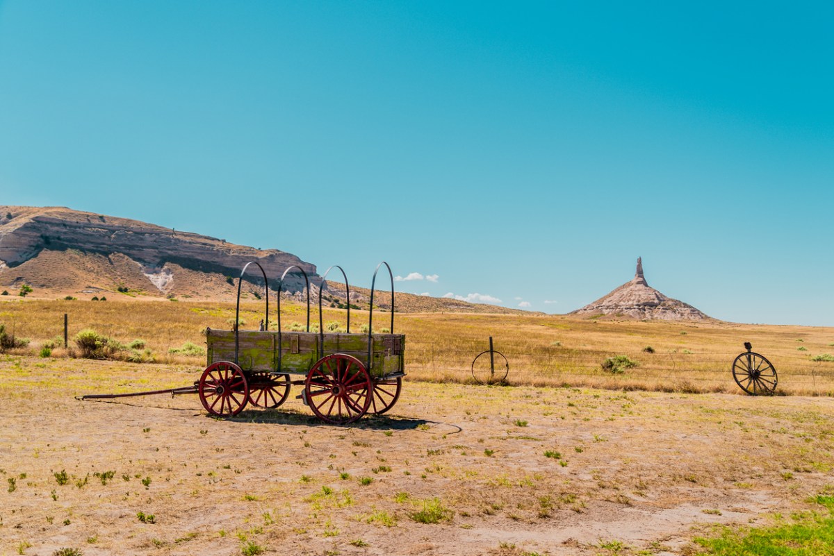 Chimney Rock, Nebraska with a Pioneer Wagon