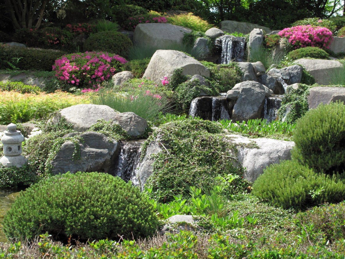 A stone garden with small waterfalls and bushes with pink flowers.