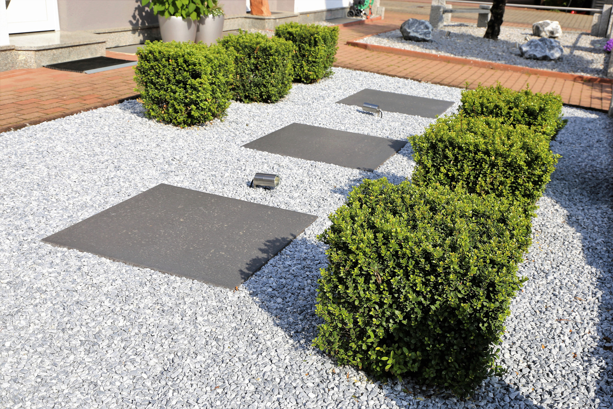 A modern rock garden featuring flat square stones and cubed bushes among rocks.