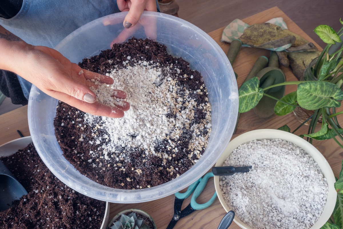 Person mixing potting mix with diatomaceous earth in a large bowl.