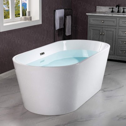 The Woodbridge Contemporary Soaking Bathtub filled with water in a gray-toned bathroom.