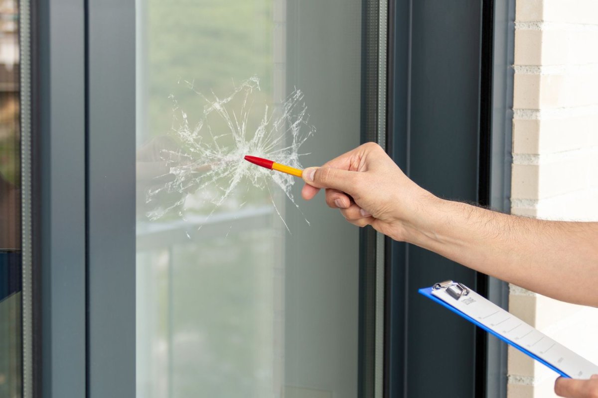 A close up of a person holding a pen with a red cap pointing at a crack in a window.