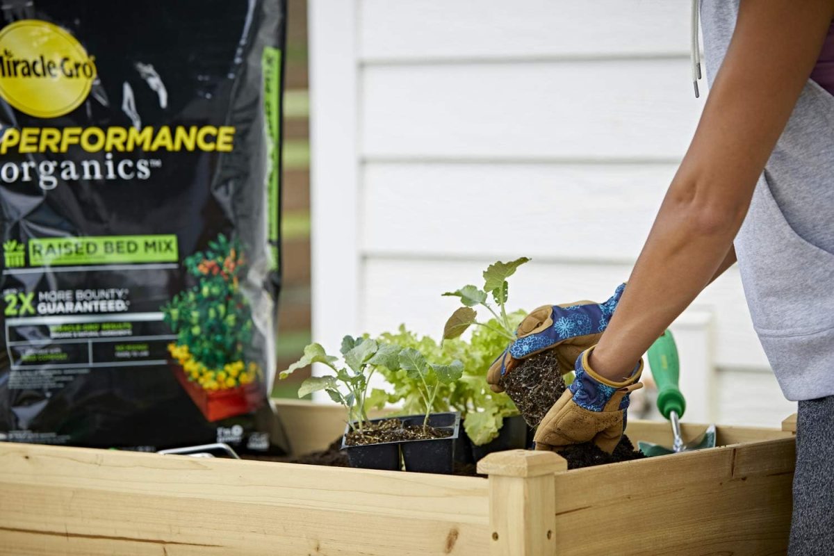 A person planting in a raised bed using the Miracle-Gro Performance Organics Raised Bed Mix.