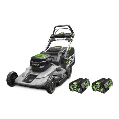 The Ego Power+ 21" Self-Propelled Lawn Mower and batteries on a white background.