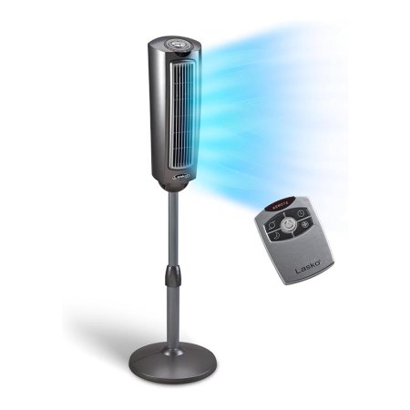  The Lasko 52-Inch Space-Saving Pedestal Tower Fan and its remote on a white background.