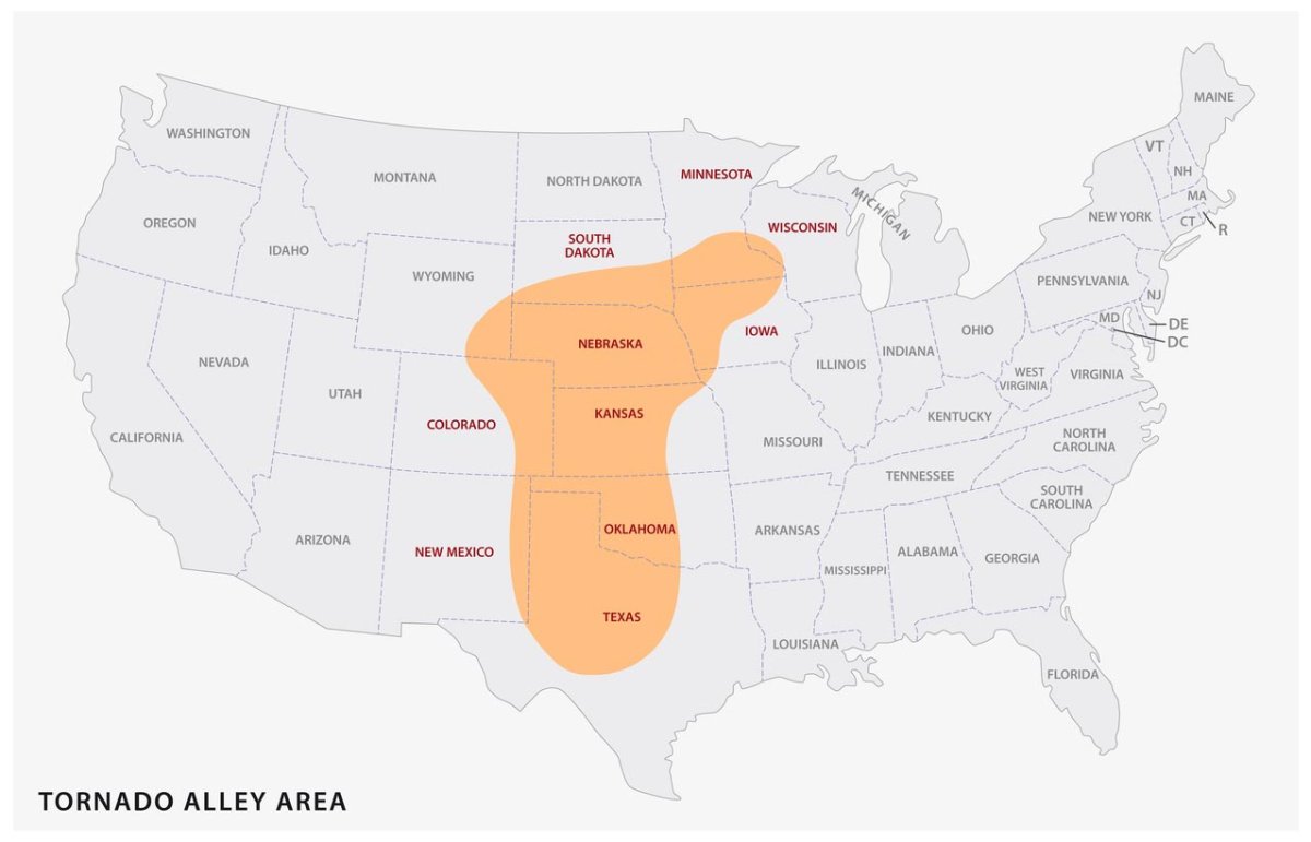 A map of Tornado Alley.