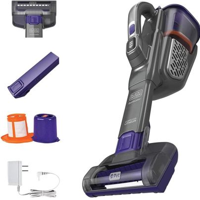 The Black+Decker Furbuster Cordless Pet Handheld Vacuum and its accessories on a white background.