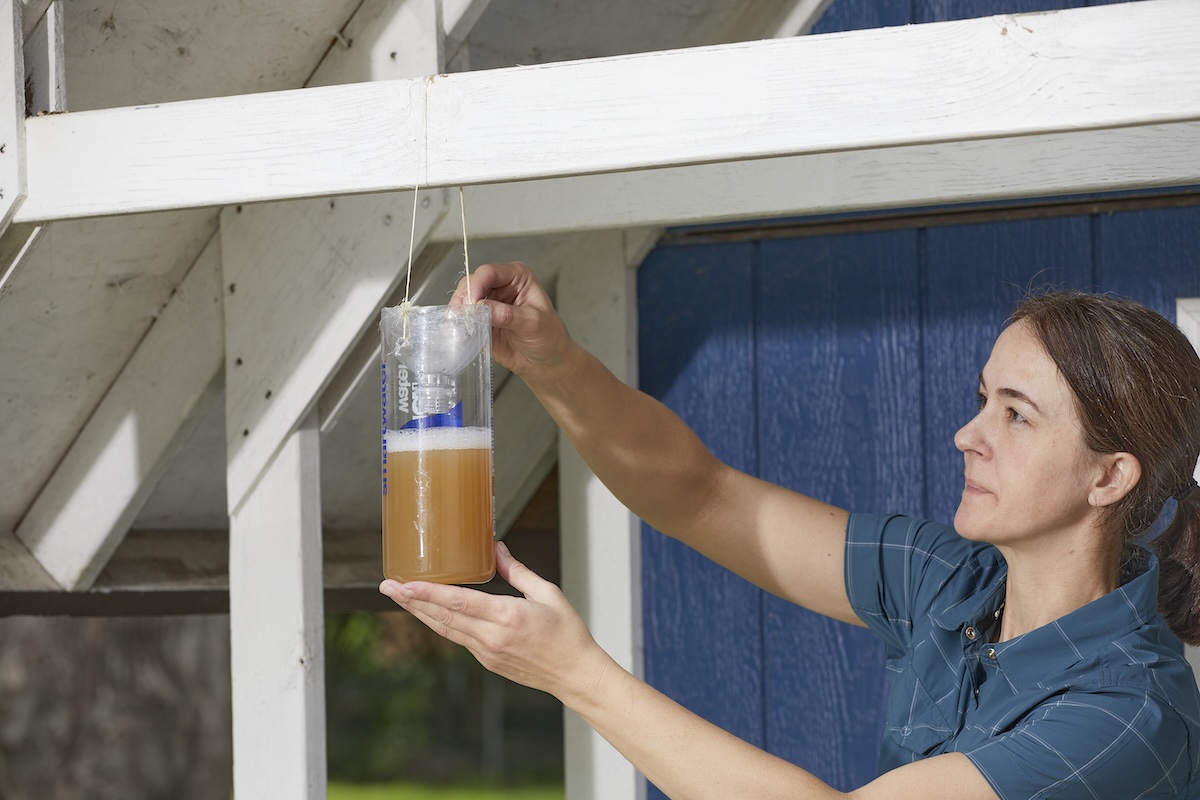 Woman hangs a homemade wasp trap on an outdoor porch.
