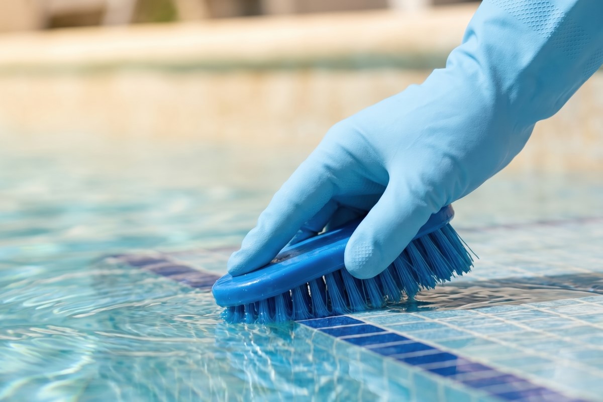 Close up of a person in blue rubber gloves scrubbing swimming pool tile edge with a brush for maintenance and cleaning.