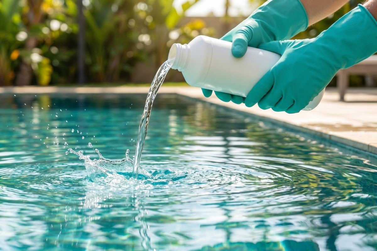 Close-up of hands in green protective gloves pouring chemical liquid from a white plastic bottle into a swimming pool causing a splash. 