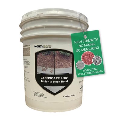 A 5-gallon bucket of NorthRock Landscape Loc Mulch and Rock Bond on a white background.
