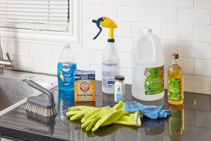Materials needed to clean a stainless steel sink, including spray bottle, dish soap, olive oil, and more.