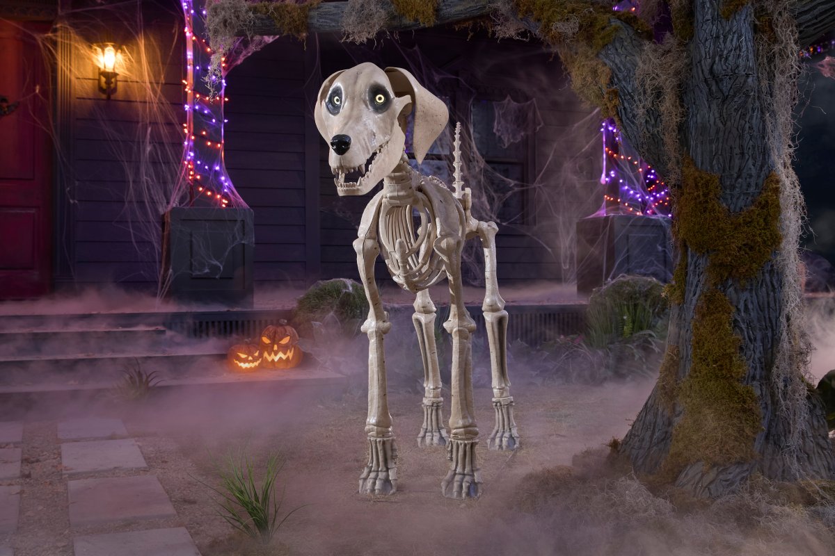 7-foot skeleton dog from Home Depot's 2024 Halloween collection looming in front of a haunted house