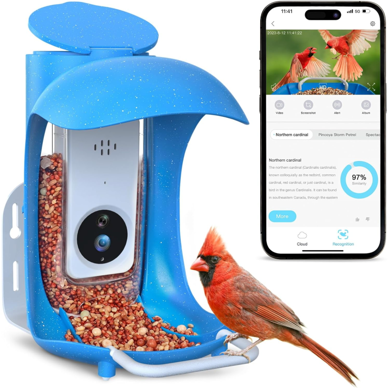  Cardinal on BirdDock blue Smart Bird Feeder next to smartphone screen on white background