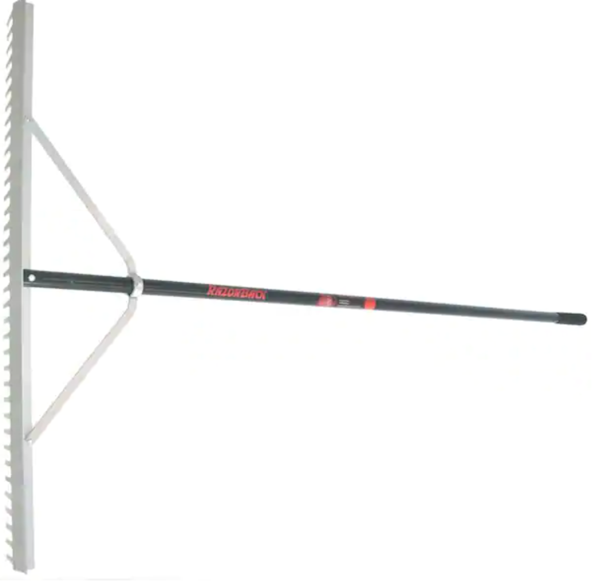 Razor-Back landscaping rake with aluminum head and black handle with red details.