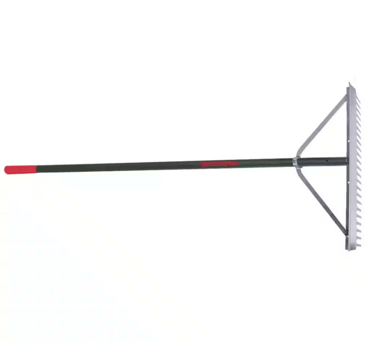 Stone rake with silver head and black handle with red details.