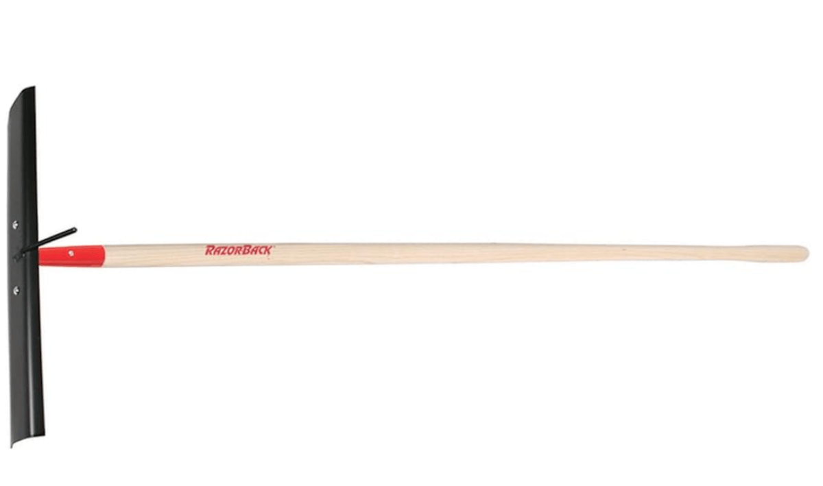 Union Tools concrete rake with wooden handle and black head.