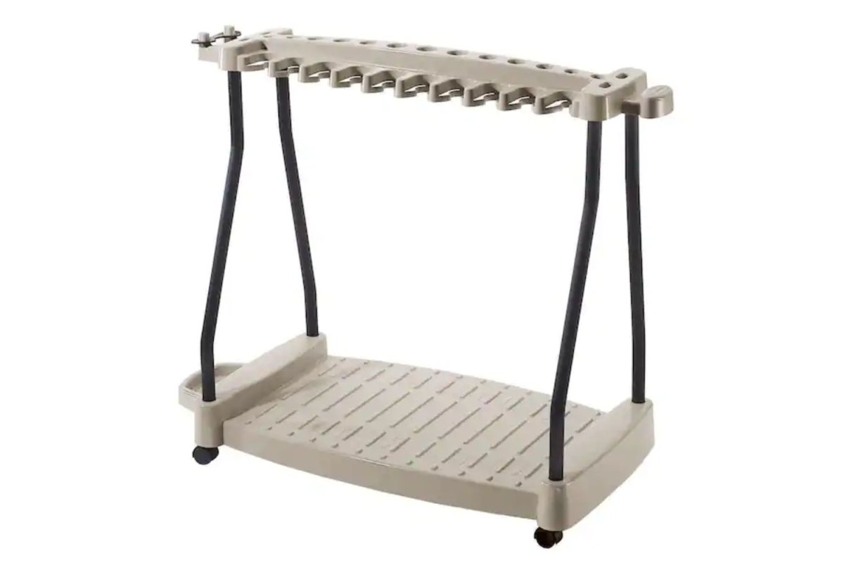 Suncast Wheeled Tool Storage Rack close-up
