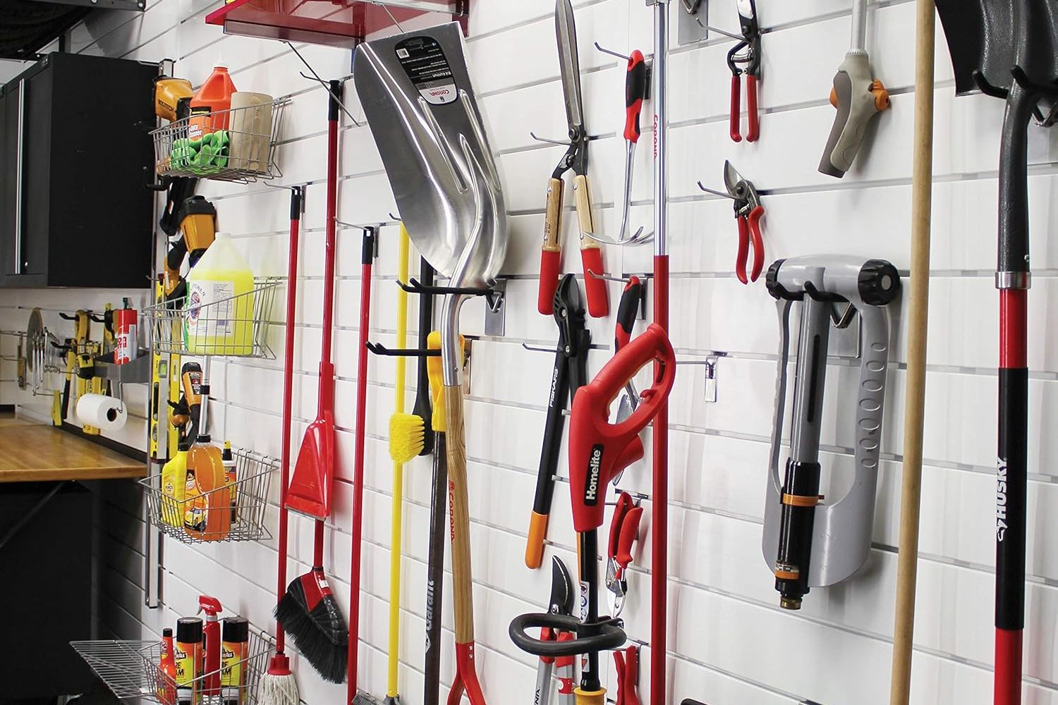 Proslat 88102 PVC Slatwall with lots of gardening tools displayed 