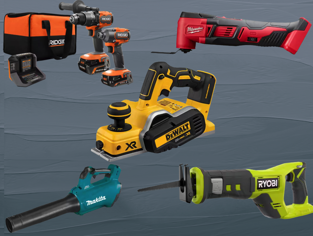 A group of tools on gray background