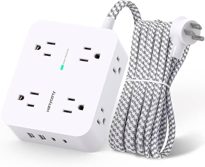 White Surge Protector Power Strip - 8 Outlets with 4 USB (2 USB C) Charging Ports, Multi Plug Outlet Extender, 5Ft Braided Extension Cord, Flat Plug Wall Mount Desk USB Charging Station for Home Office ETL