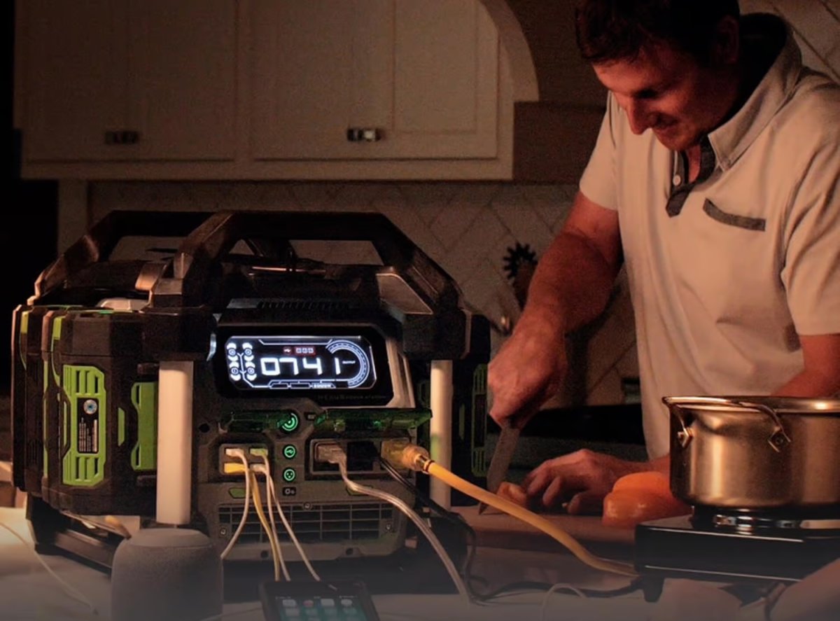 Ego Power+ Nexus Power Station powering appliances in the dark