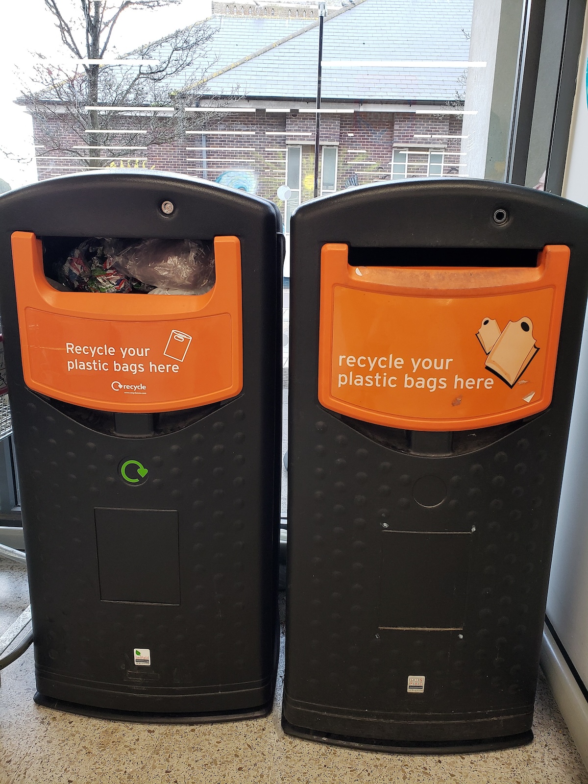Plastic bag recycling centers in a public building.