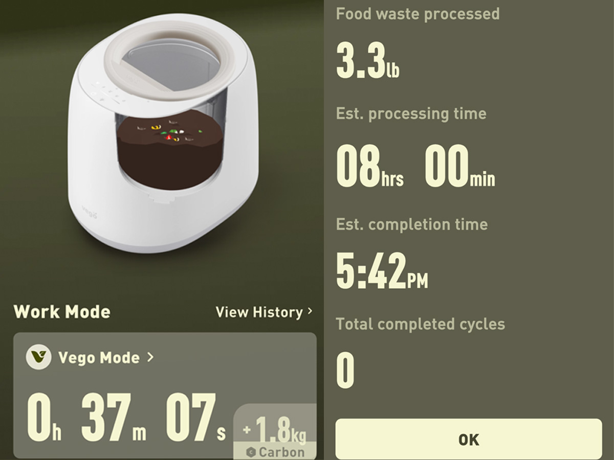Smart screen image of Vego Kitchen Composter usage stats