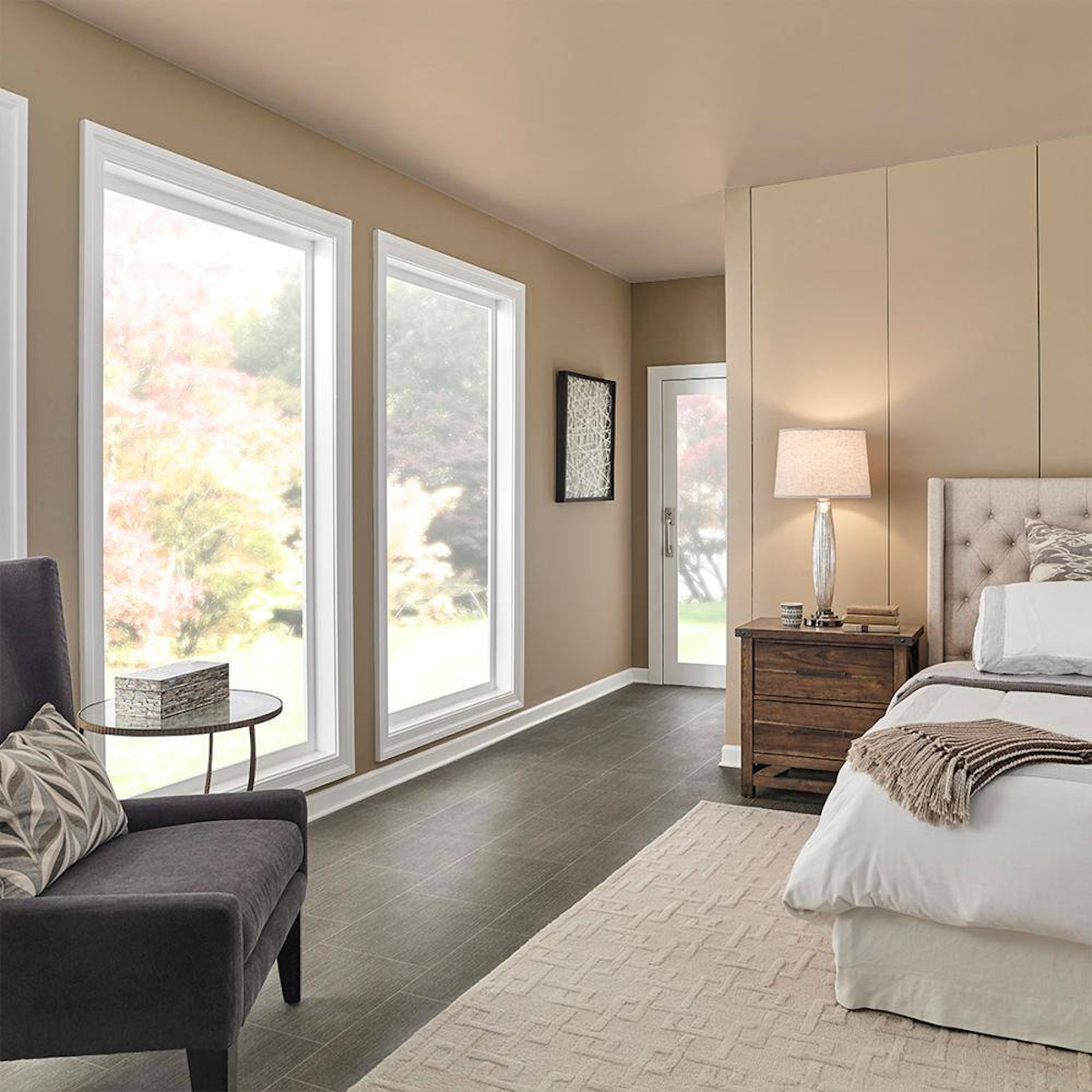Behr Plateau neutral paint color on bedroom walls and ceiling.