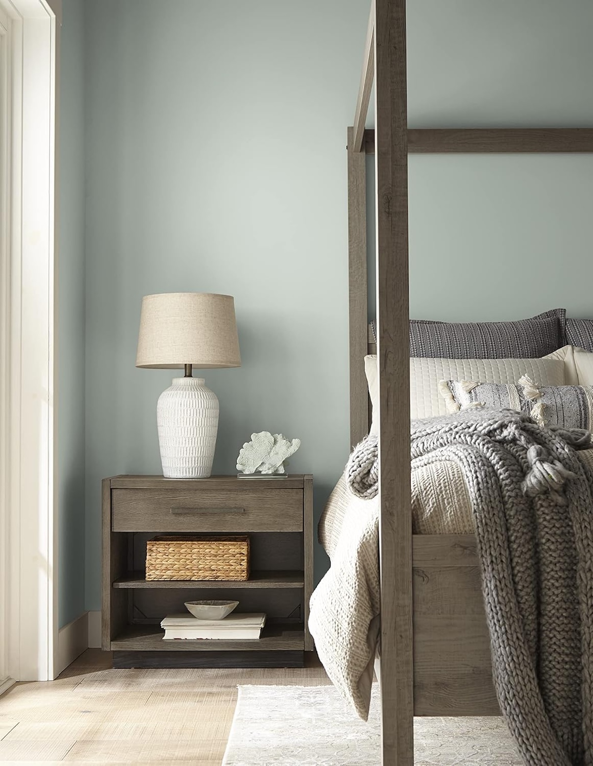 Kilz Statue Green neutral paint color on bedroom walls.
