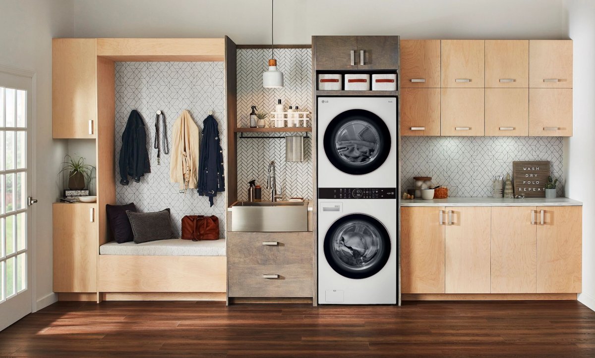 LG WashTower setup in a mudroom makes room for a utility sink