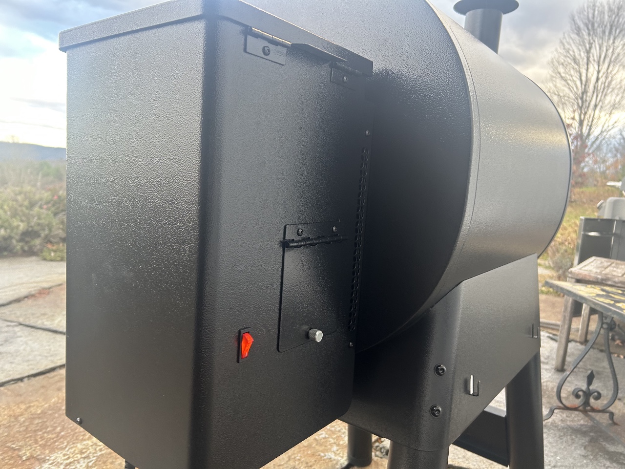 Back of Traeger 575 Pellet Grill on concrete patio