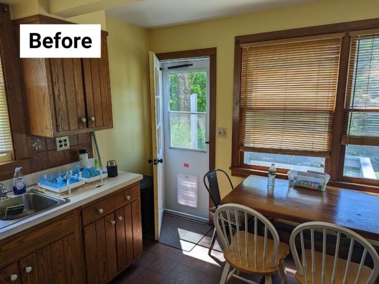 Before I began a "slow reno" of my kitchen, it was all oak cabinets, buttery yellow paint, and 70s vinyl flooring