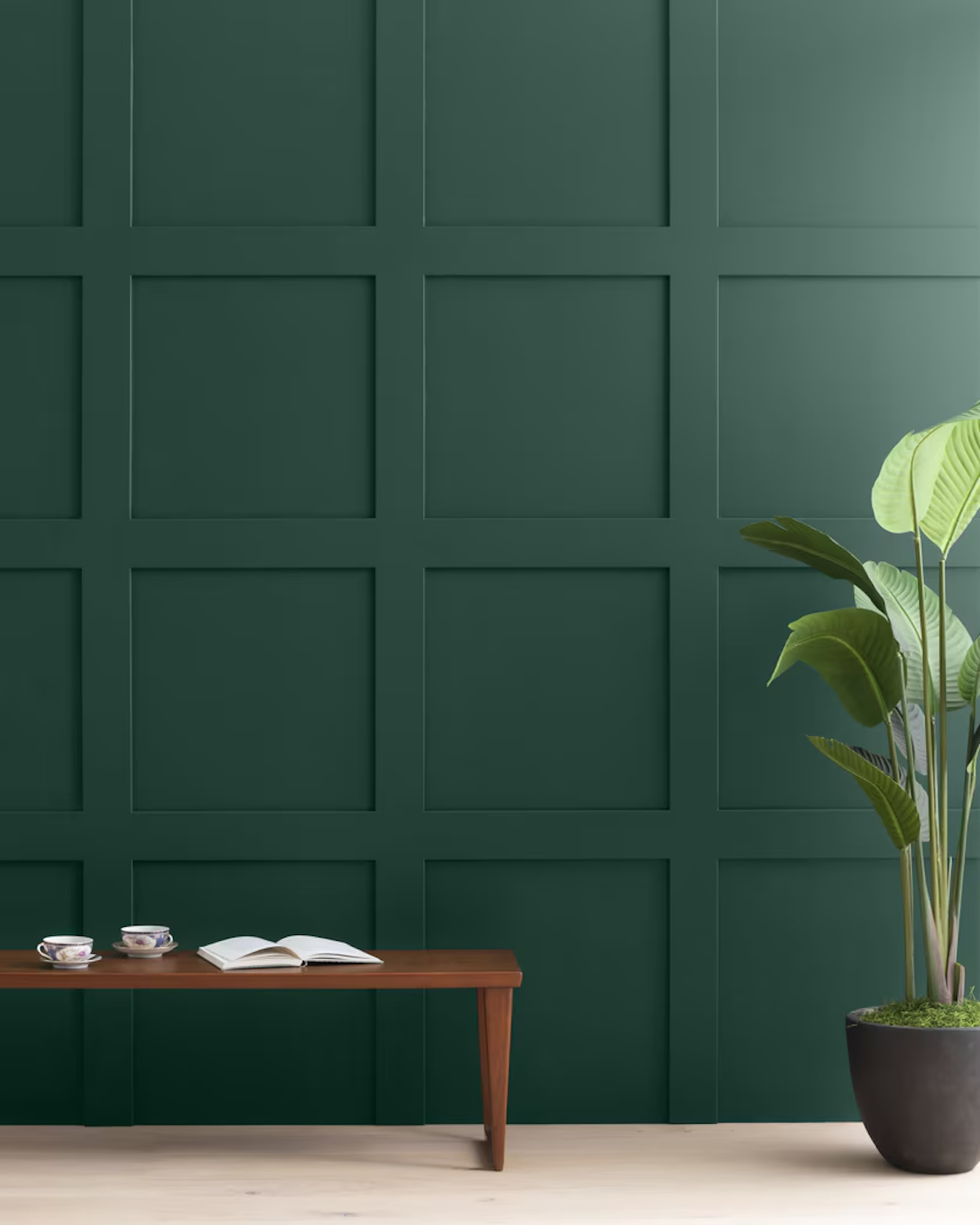 Benjamin Moore&rsquo;s Hunter Green painted on an interior accent wall.