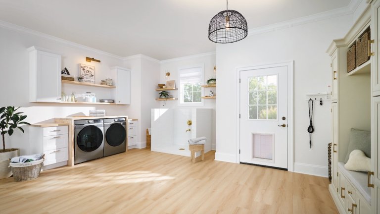 Lifeproof luxury vinyl plank flooring from The Home Depot installed in a laundry room or mud room.