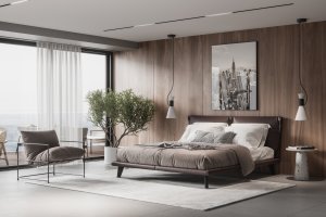 Hanging light fixtures next to modern bed in a minimalist bedroom