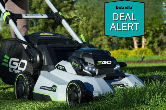 Ego LM2132SP on lawn with deal sticker